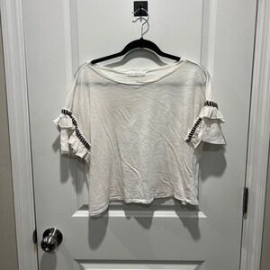 Ces Femme White Ruffle Sleeve Slub Knit Boho Top Braided Trim Size M